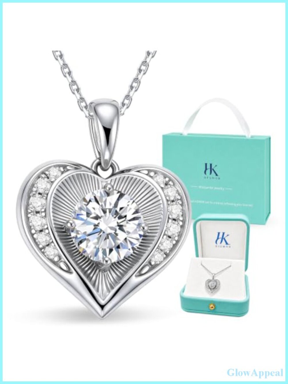 925 Sterling Silver Moissanite Heart Necklace Two-Sided Pendant 20in
